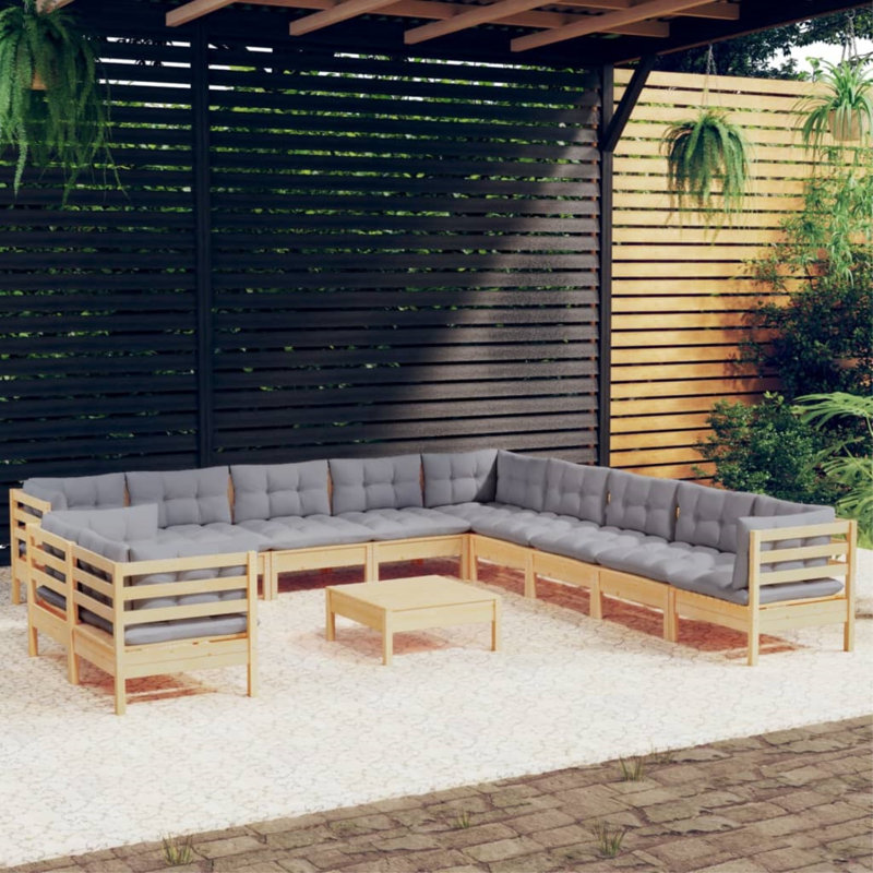 Ensemble de conversation modulaire en bois de pin massif avec coussins Koalton, 12 Pcs: Table, 11 Chairs, Gris, Gris