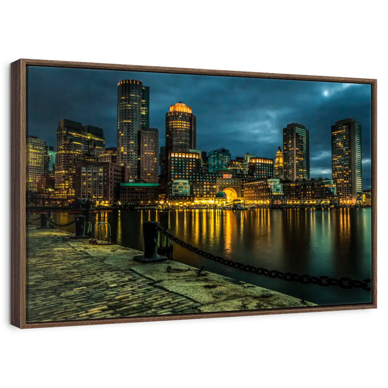 Silhouette de Boston la nuit, Cadre flottant en noyer, 40 po x 27 po
