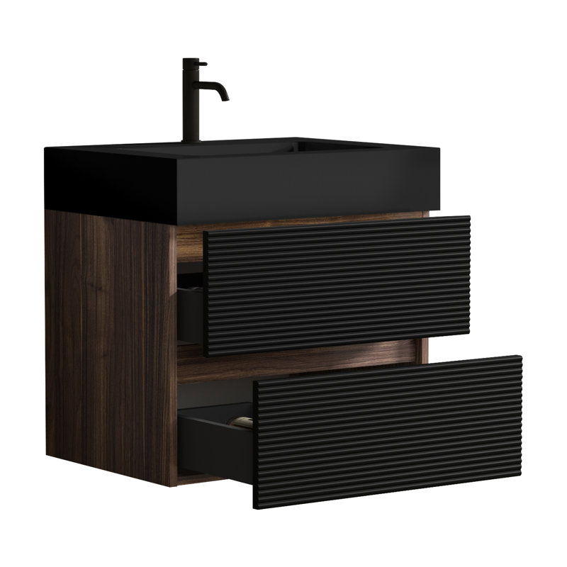 Meuble-lavabo mural de 24 po avec lavabo en quartz noir mat, tiroirs souples, poignée dissimulée pour personnes âgées, panneaux de qualité E1 épissure couleur noyer, double fermeture silencieuse, finition E0, 330 lb