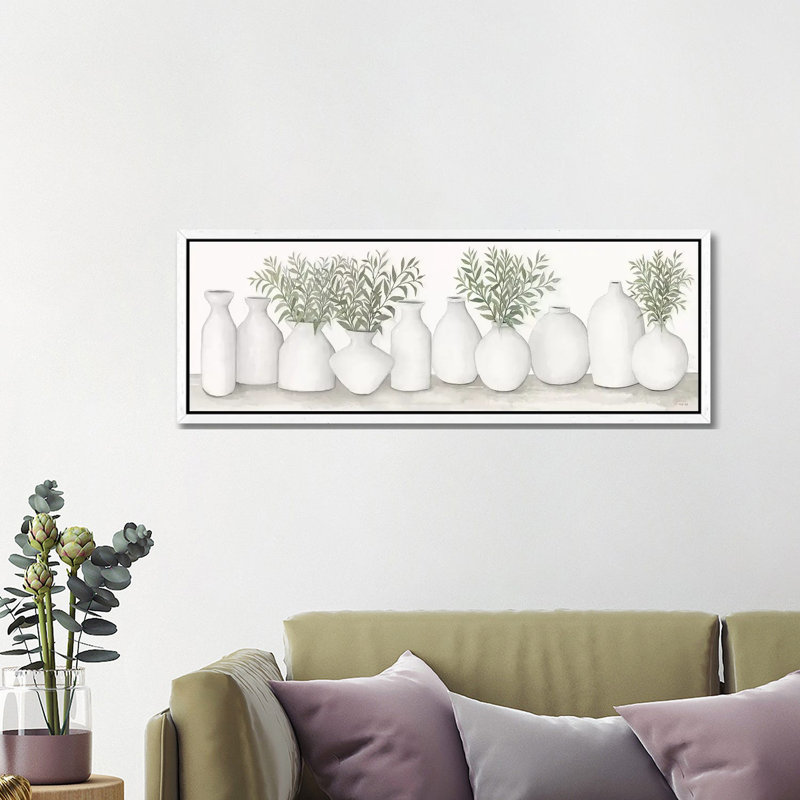 White Vases Still Life by Cindy Jacobs - Panoramic Painting on Canvas, White Framed Canvas, 40.64cm H x 121.92cm W x 3.81cm D