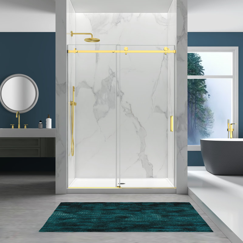 Porte de douche sans cadre de l 56 à 60 po x H 76 po, verre trempé de 1/4 po (6 mm) d'épaisseur, or brossé, poignée / rail en acier inoxydable, largeur réglable, installation facile 