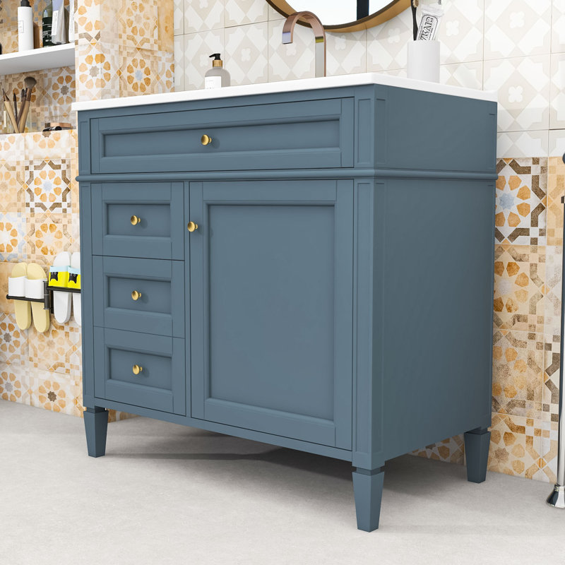 Ensemble de meuble-lavabo simple autoportant avec lavabo en céramique et tiroirs de rangement Eliga, Blue