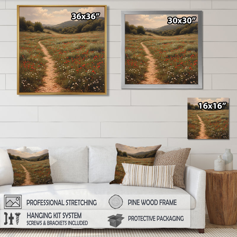 «Country Round Through Blossoming Meadow», impression d'art mural campagne, Toile avec cadre flottant noir