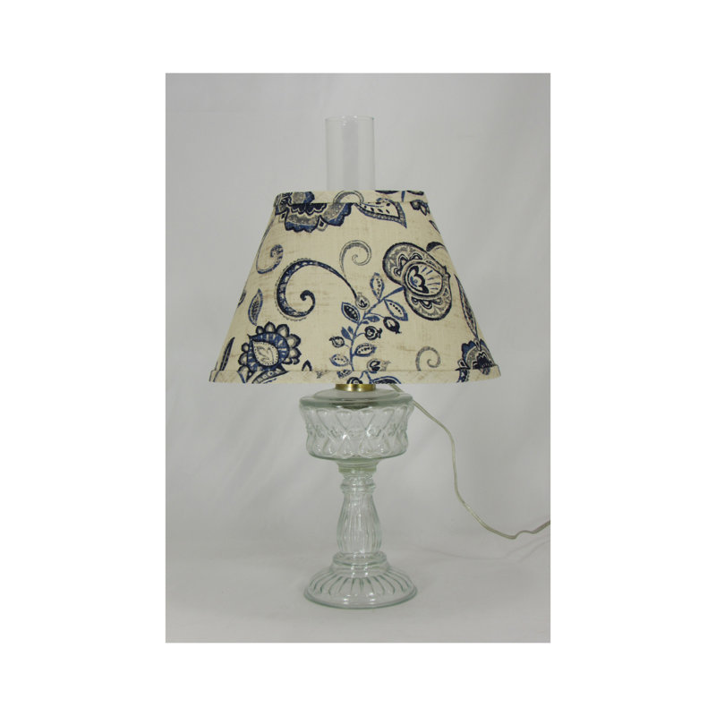 Reproduction Pressed Glass Accent Lamp With Green Floral Oval Chimney Shade, Blue/Cream
