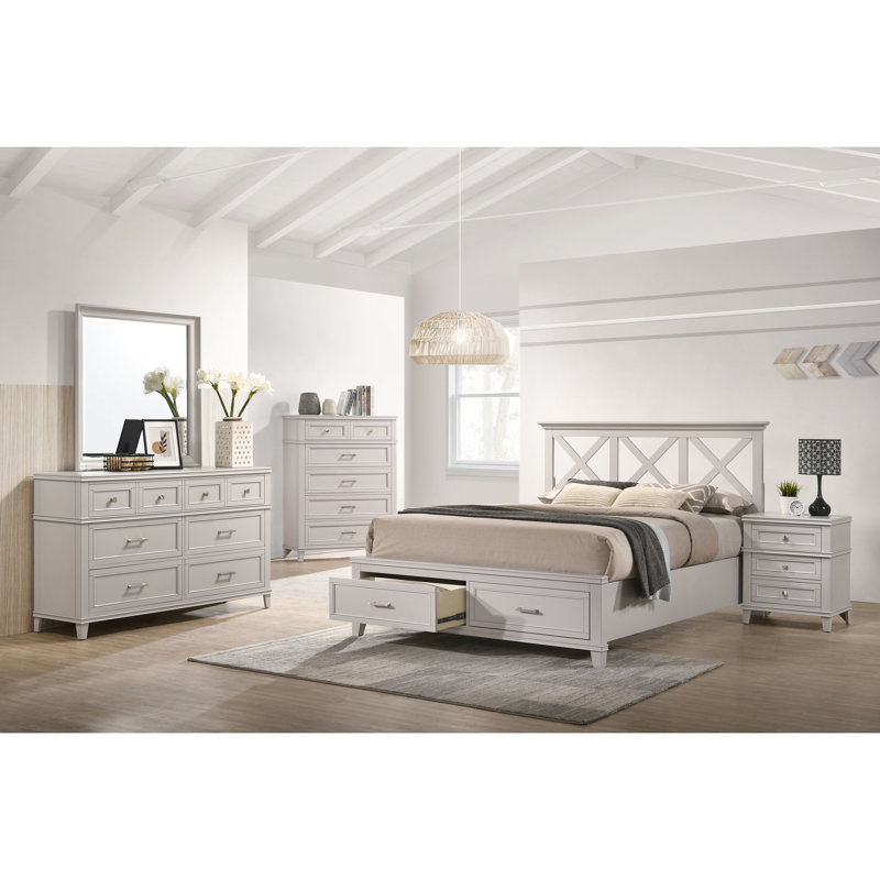 Très grand lit de rangement gris avec tête de lit fonctionnelle en X - Taille et style de chambre à coucher