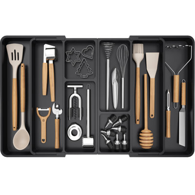 Large Utensil Organizer For Kitchen Drawer, Expandable From 21 To 36 Inches, Adjustable Cooking Silverware Tray, Plastic Cutlery Flatware Holder, Spatula Tools Gadgets Storage Divider, Black