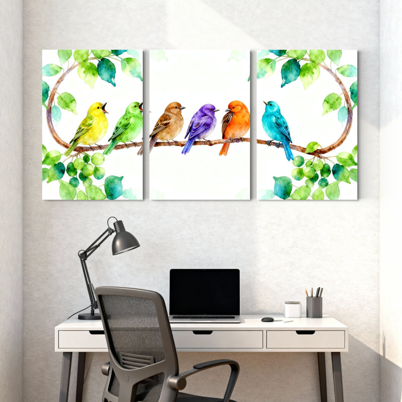 Oiseaux colorés sur une branche avec des feuilles, ensemble de 3 impressions d'art sur toile, H 24 po x l 48 po
