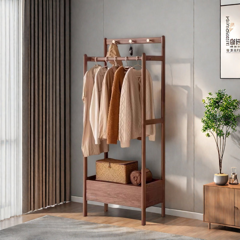 Black Walnut Coat Rack Brass Hooks Large Drawer