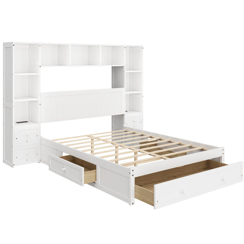 Lit plateforme en bois de pin avec table de chevet intégrée, armoire de rangement, bibliothèque, 3 tiroirs et 2 stations de recharge, plan d'extension de chambre à coucher tout-en-un, blanc