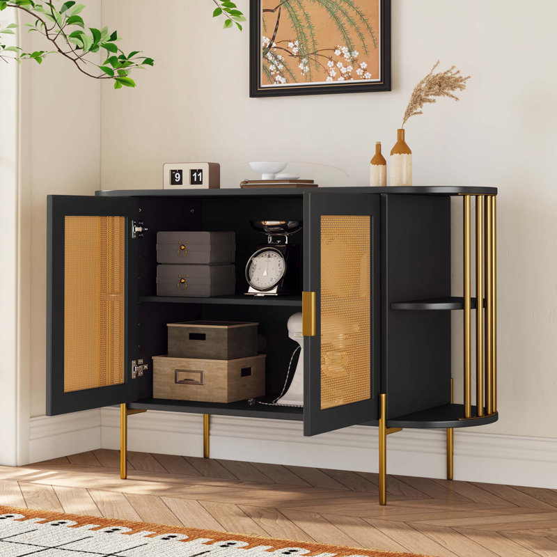 Armoire de salle à manger courbée élégante à 2 portes pour la salle à manger, Noir et or
