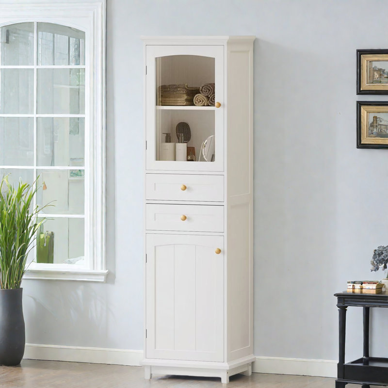 Armoire de rangement pour salle de bain avec portes en verre, 2 tiroirs et tablettes réglables, Blanc