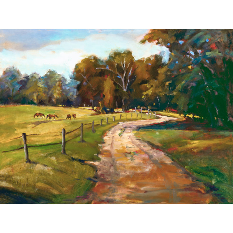 John Beard Collection''s Country Path With Horses On Giclee Canvas Hand Embellished Art, Black Framed Canvas