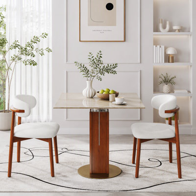 Square DiningTable,12mm Scratch‑Resistant Matte Cave Stone Tabletop,Walnut Solid Wood Column with Metal Inlay,Widened Golden Hardware Base,2‑Person Sm