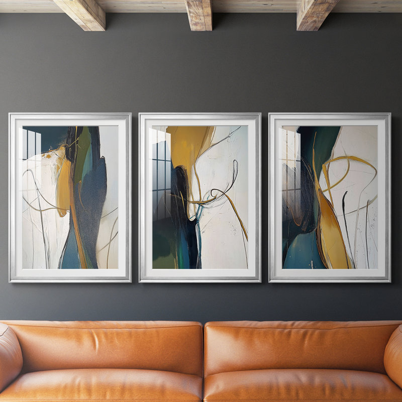 ABSTRACT Series DCxxi - Impression encadrée sur mesure de qualité supérieure - 3 pièces, H 30 po x l 63 po, Argent argent