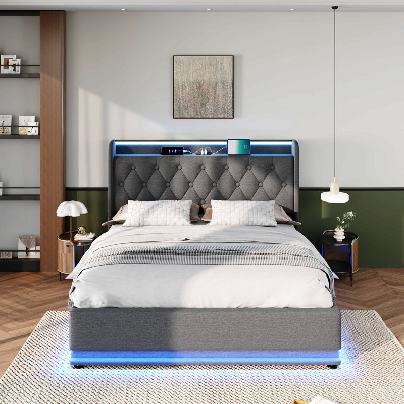 Lit de rangement rembourré avec DEL et prises de recharge, Très grand, Gris