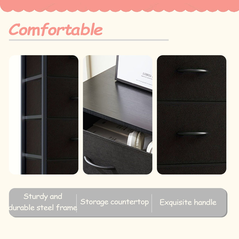 Dresser For Bedroom With 8 Drawers Tall Dresser & Chest Of Drawers Fabric Dresser With Wood Top And Sturdy Steel Frame, Black