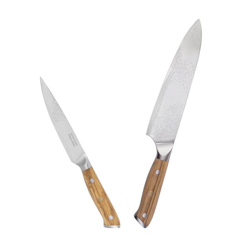 Ensemble de 2 couteaux French Home en acier de Damas avec manches en bois d'olivier