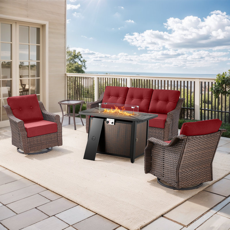 Circlarmino 5-Piece Outdoor Wicker Patio Conversation Set With Rectangle Metal Fire Pit, Swivel Gliders And Side Table For Patio