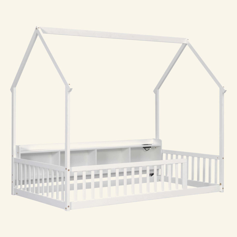 Lit de maison avec tablettes de rangement, lumières à DEL intégrées et station de charge, lit de plancher en bois de pin avec garde-corps de sécurité