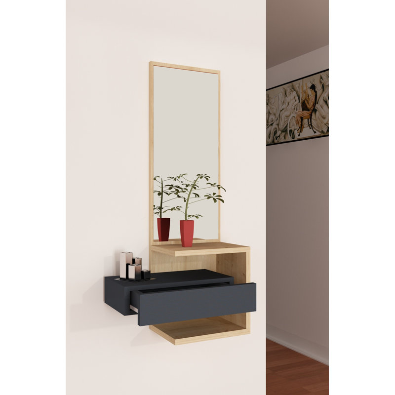 Meuble de couloir moderne avec miroir, chêne et anthracite, 19,4 x 35,4 x 12,3 pouces | 100% panneau de particules enduit de mélamine, 0,7 po d'épaisseur | 1 tiroir (15,7 po x 5,7 po x 12,3 po), plusieurs tablettes, fixation murale, design élégant et