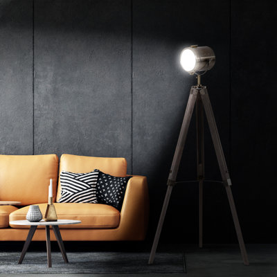 Hiram Industrial Tripod Floor Lamp Wood Height Adjustable Spotlight Bronze