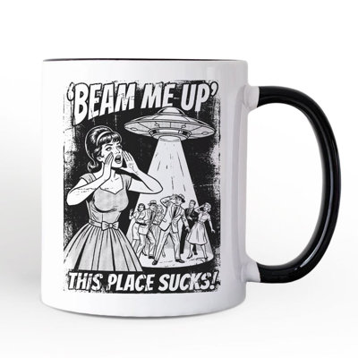 UFO Meme Beam Me Up This Place Sucks Mug, Cynical Woman Alien Abduction Retro Comic Gift with Custom Name