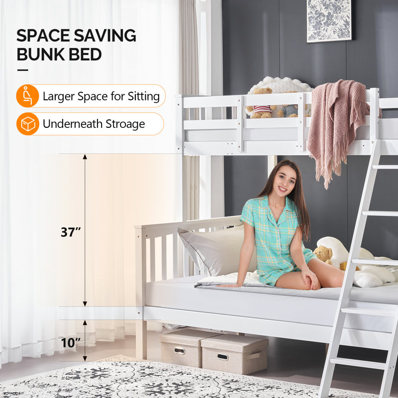 White Twin Over Full Size Bunk Bed With Guardrail, LED Light, Charging Station