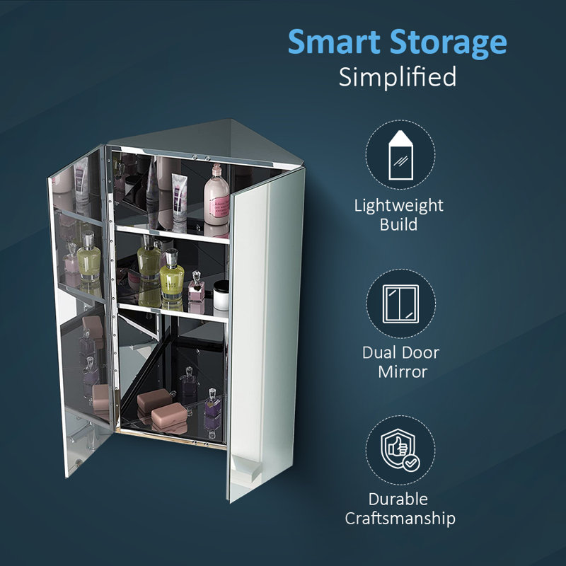 iBathUK Rehaus Wall Mounted Corner Bathroom Mirror Cabinet with 2 Door Storage Unit and Adjustable Glass Shelves, 780 x 450mm