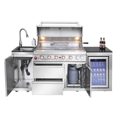 Silver 6 - Burner 85000 Gas Barbecue Island With Stainless Steel Sink, Single Door Storage, And Wine Cooler Compact Refrigerator 85 Inch, American Design, 304 Outdoor Kitchen Bar Grill Storage