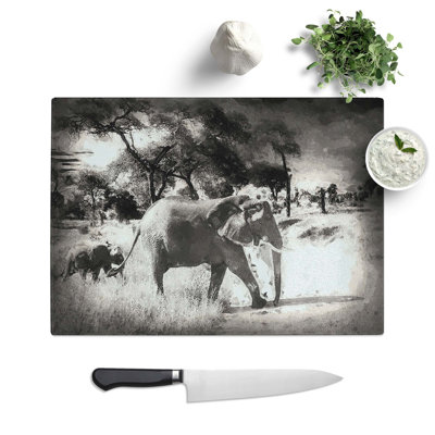 Glass Mother & Baby Elephant Strolling in Abstract Chopping Board