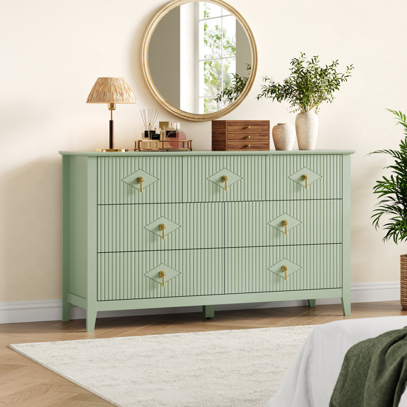 Commode pour chambre à coucher avec 7 tiroirs, commode moderne de 54 po avec poignée en métal, meuble télé, Vert