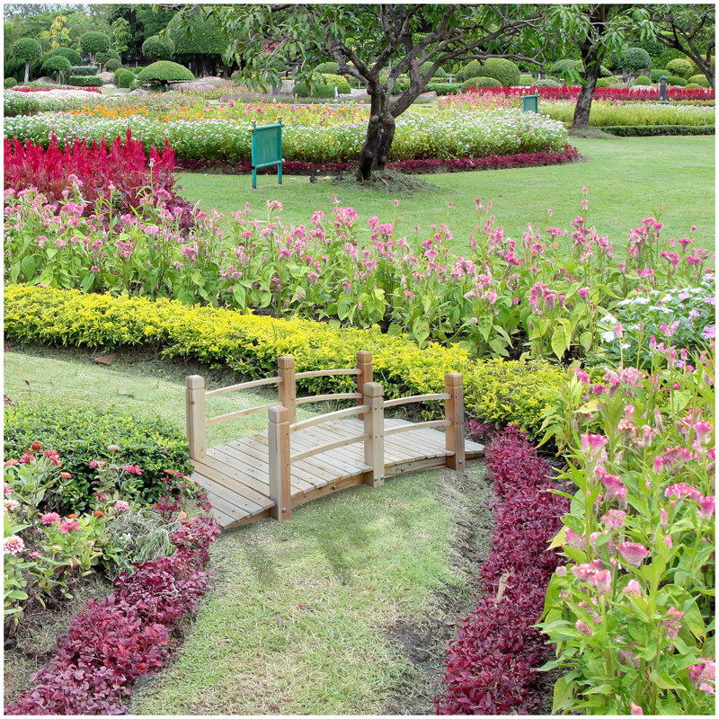 Outsunny Fir Wood Garden Bridge Arc Walkway with Side Railings for Backyards, Gardens, and Streams, Natural Wood, 60" x 26.5" x 19"