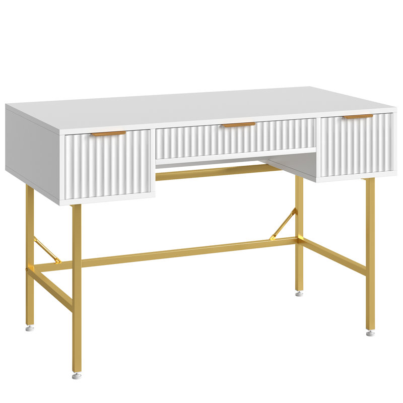 Bureau d'écriture 47 po blanc pour bureau à domicile, coiffeuse cannelée avec 3 tiroirs et pieds dorés