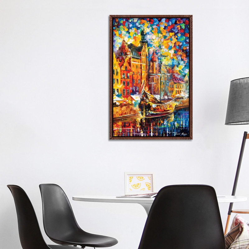 Old Dock by Leonid Afremov - Painting on Canvas, 101.6 cm H x 66.04 cm W, Classic Brown Wood Framed Canvas