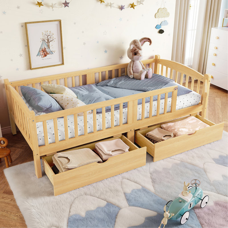 Lit plateforme simple TG avec garde-corps pleine longueur, lit plateforme pour enfants avec tiroirs de rangement, tête de lit enfantine et mignonne