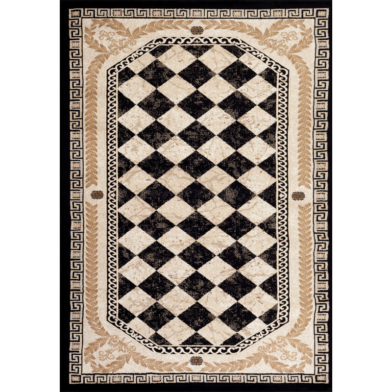 Tapis noir à motifs géométriques, Rectangle 9 pi 2 po x 12 pi 6 po