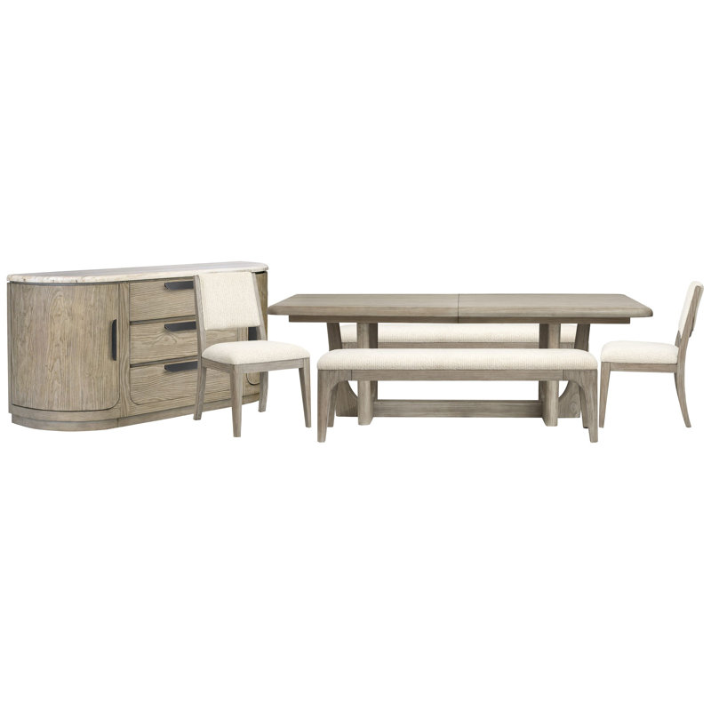 Extendable Rectangular Dining Table With 2 Benches 2 Side Chairs And Buffet, 6 Pieces: Table, 2 Benches, 2 Chairs, Buffet