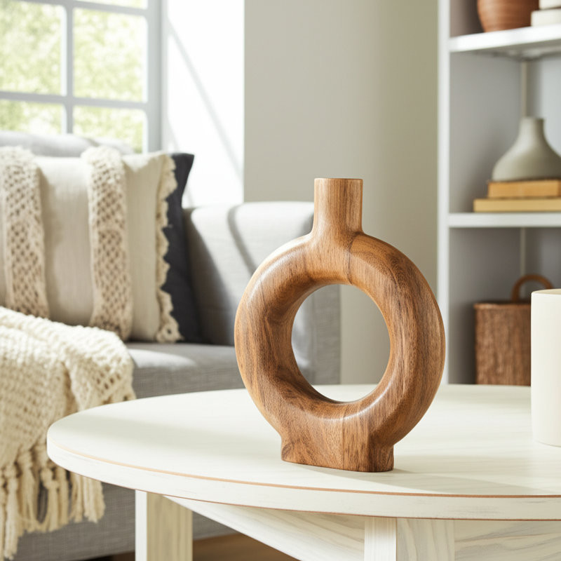 Contemporary Cut Out Donut Mango Wood Flower Vase for Entryway Styling - Modern Home Decor Accent with Tall Form for Tabletop Display - Brown