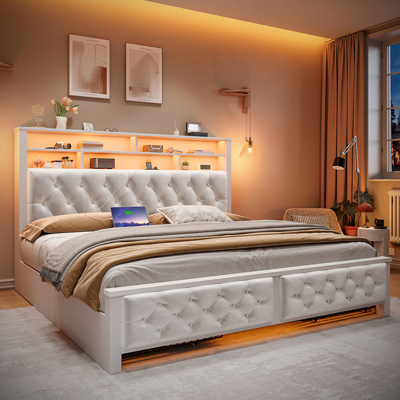 Bed With Headboard,upholstered Bed With 4 Storage Drawers,modern Bed Frame With Charging Station & Led Light, Beige, Queen