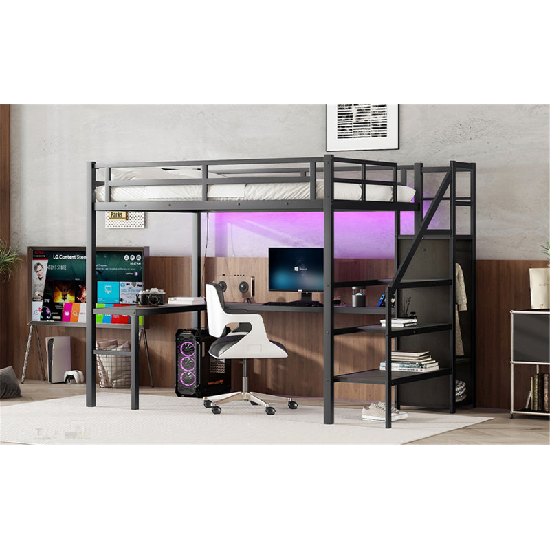 Lit mezzanine polyvalent en métal avec bureau en L, armoire et station de recharge USB pour les chambres modernes, Double XL