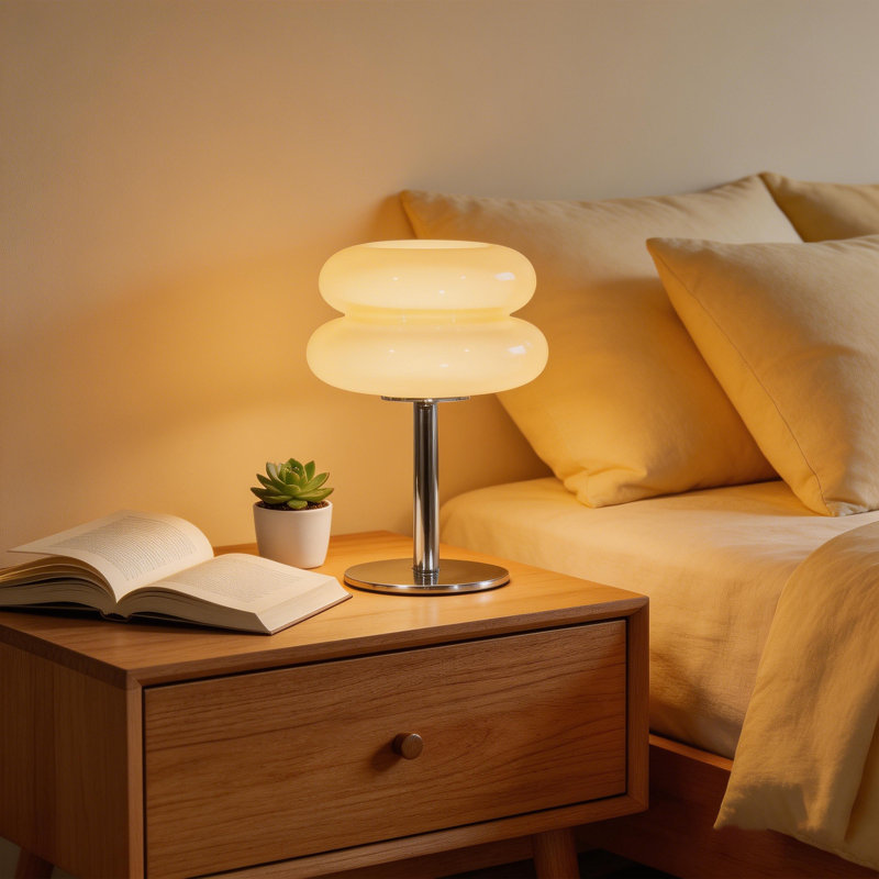 Beige Glass “burger” Table Lamp With Tri-color E26 Bulb, Plug-in Design