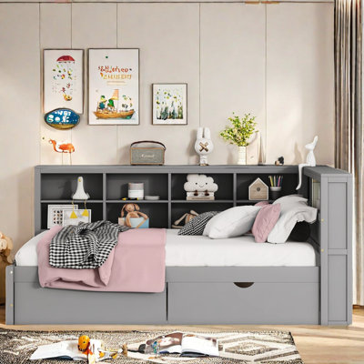 Wooden Daybed With 2 Drawers, Storage Shelf And Usb Charging Ports by Red Barrel Studio