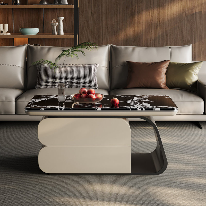 Table basse en pierre de luxe de style micro-cristallin, H 17,7 po x L 47,2 po x l 23,6 po, Blanc/Noir