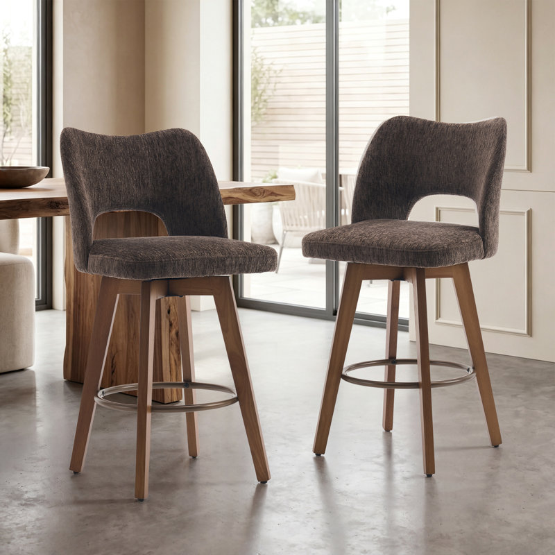 Tabouret de bar rotatif 26 po avec oreilles et structure en bois massif pour îlot de cuisine (ensemble de 2, brun), Brun