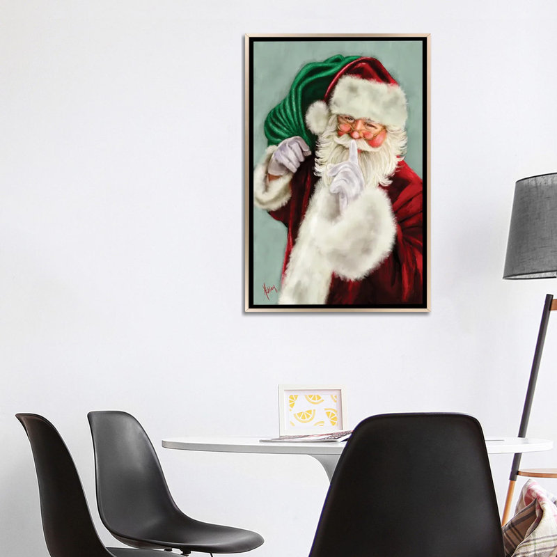 Shush Santa - reproduction d'art murale - toile encadrée, 40" H x 26" W, Cadre flottant sans passe-partout, Champagne