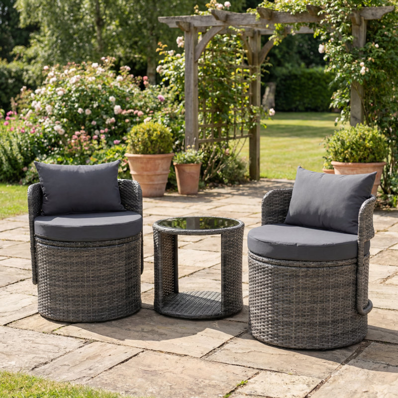 3 Pieces Outdoor Conversation Sets With Cushion, Cambelle 2-Person Outdoor Rattan Seating Group, Gray