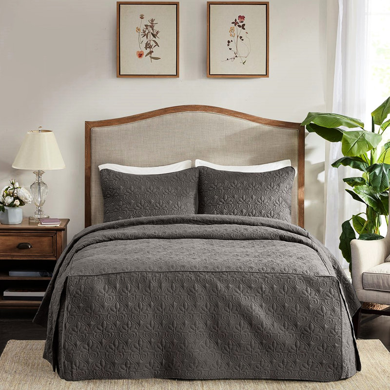 Ensemble de couvre-lit 3 pièces gris foncé très grand - plié en coin plissé, rembourrage 100%, microfibre, literie de chambre à coucher intrigante, luxe doux