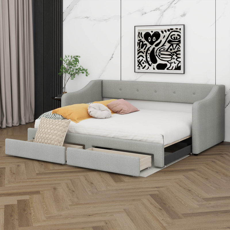 Lit de jour avec couchette escamotable, lit de jour d'angle avec deux tiroirs et support à lattes pour le salon de la chambre à coucher