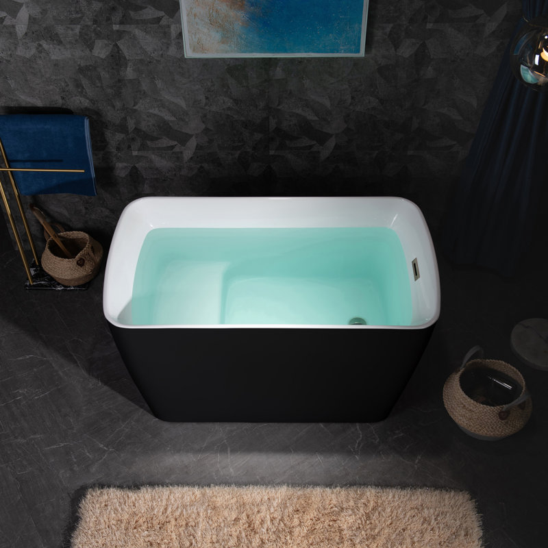 Baignoire autoportante 48 po en acrylique rectangulaire noire avec siège intégré, conception antidérapante, Nickel brossé
