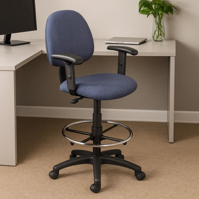Jea Drafting Stool Chair, Adjustable Arms, Blue Tweed, Round Footring